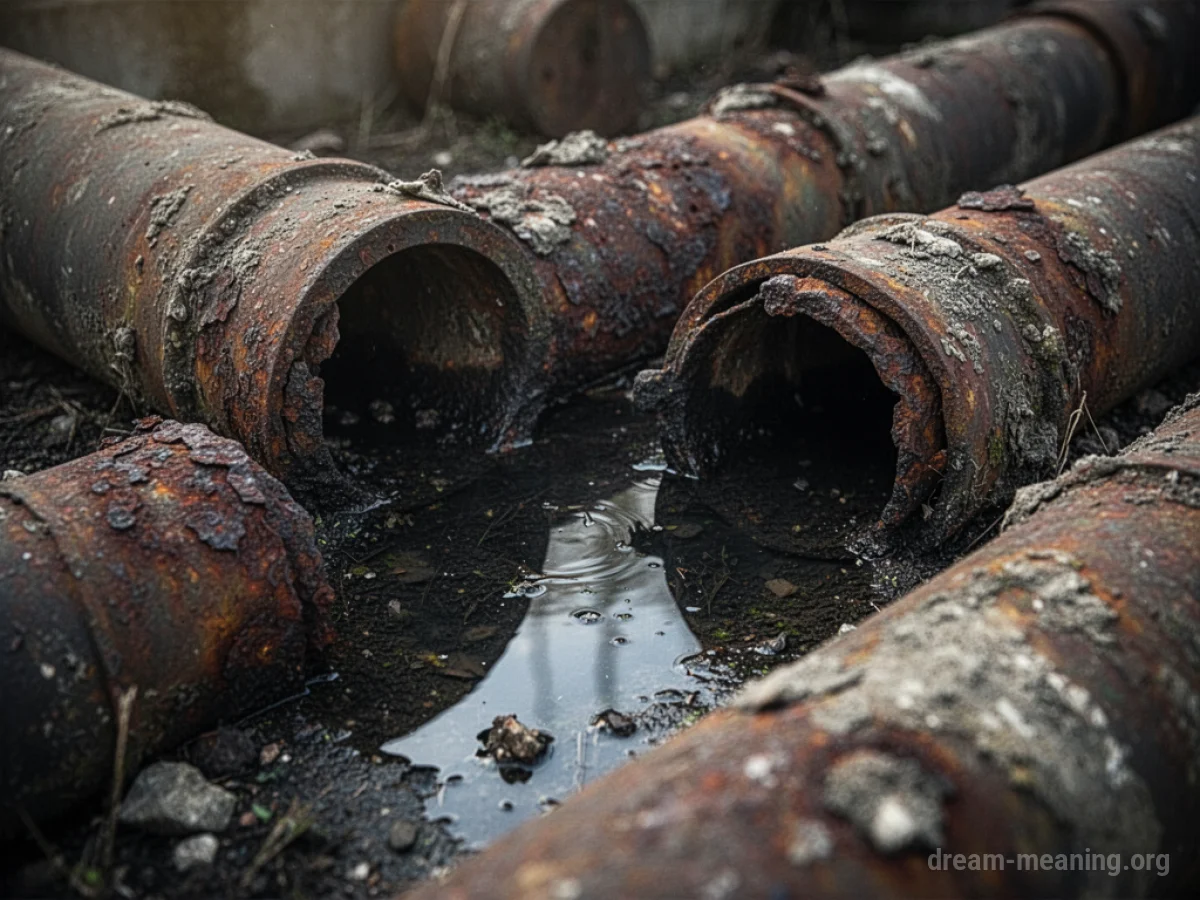 Close-up of dirty, corroded pipes with murky water.