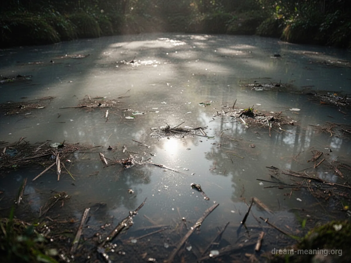 A close-up view of dirty, cloudy pool water with leaves and sediment visible.