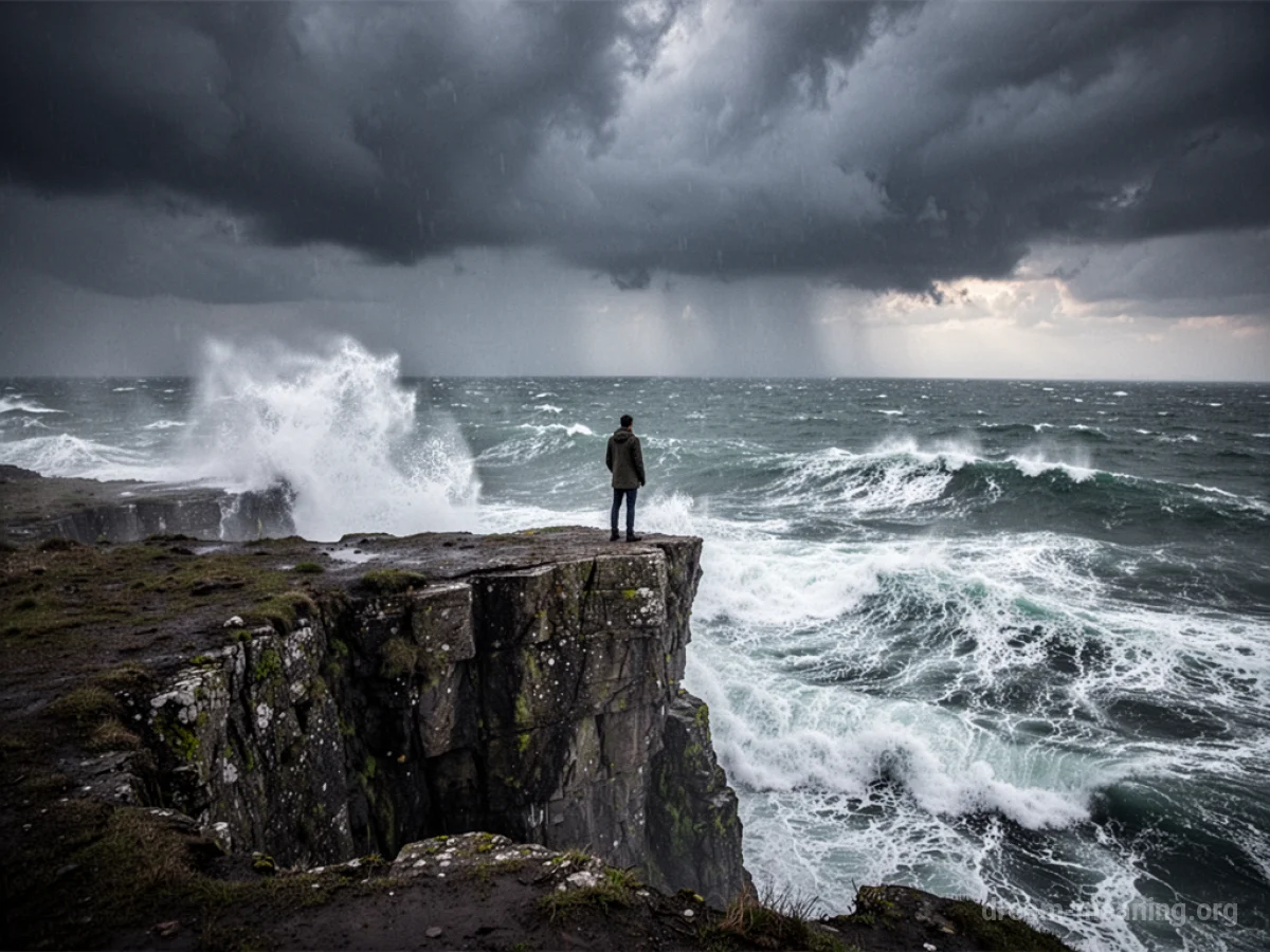 A silhouette of a person on a cliff overlooking a stormy sea.