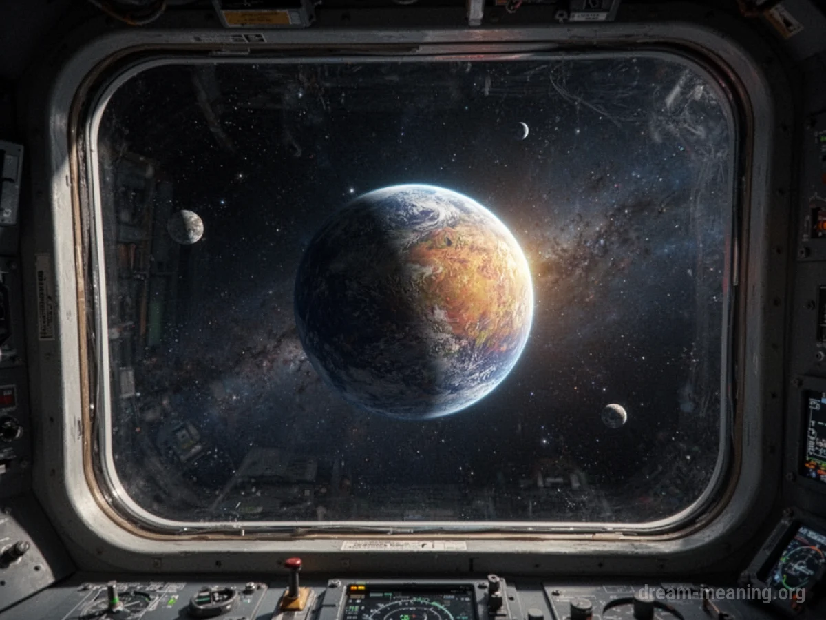 View of a colorful planet from a spacecraft.