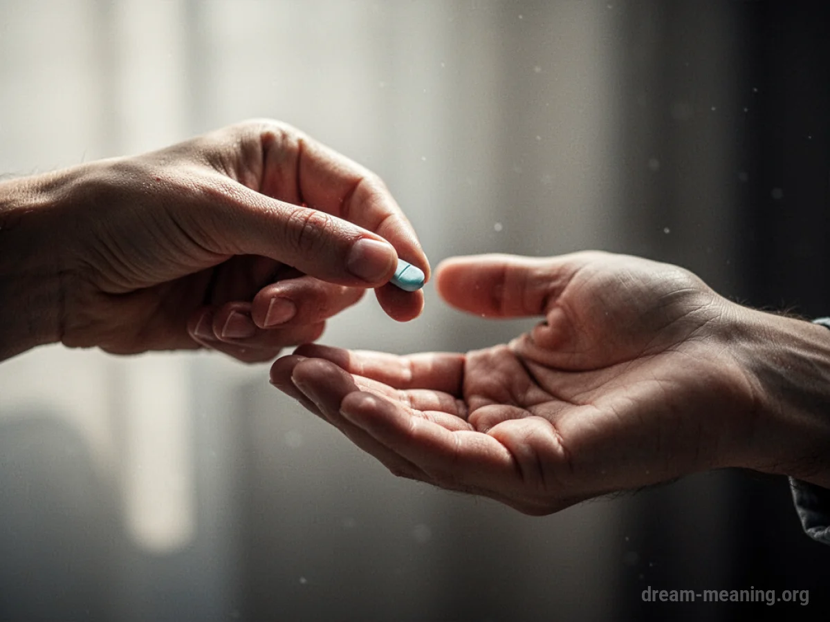 A hand holding a small pill extends towards another hand.