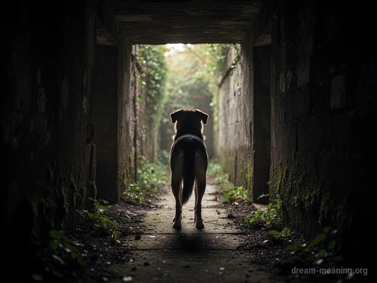 A dog stands at the mouth of a dark, narrow passageway.