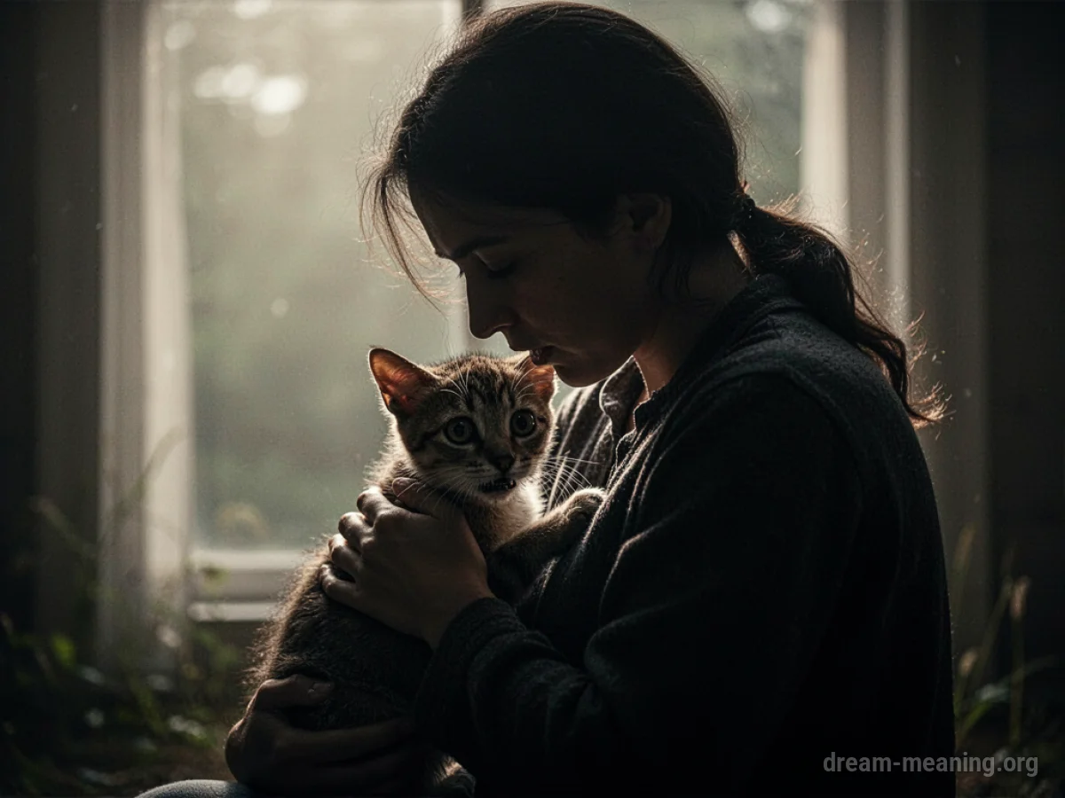 A person's hand reaching out protectively towards a small, shadowy animal.