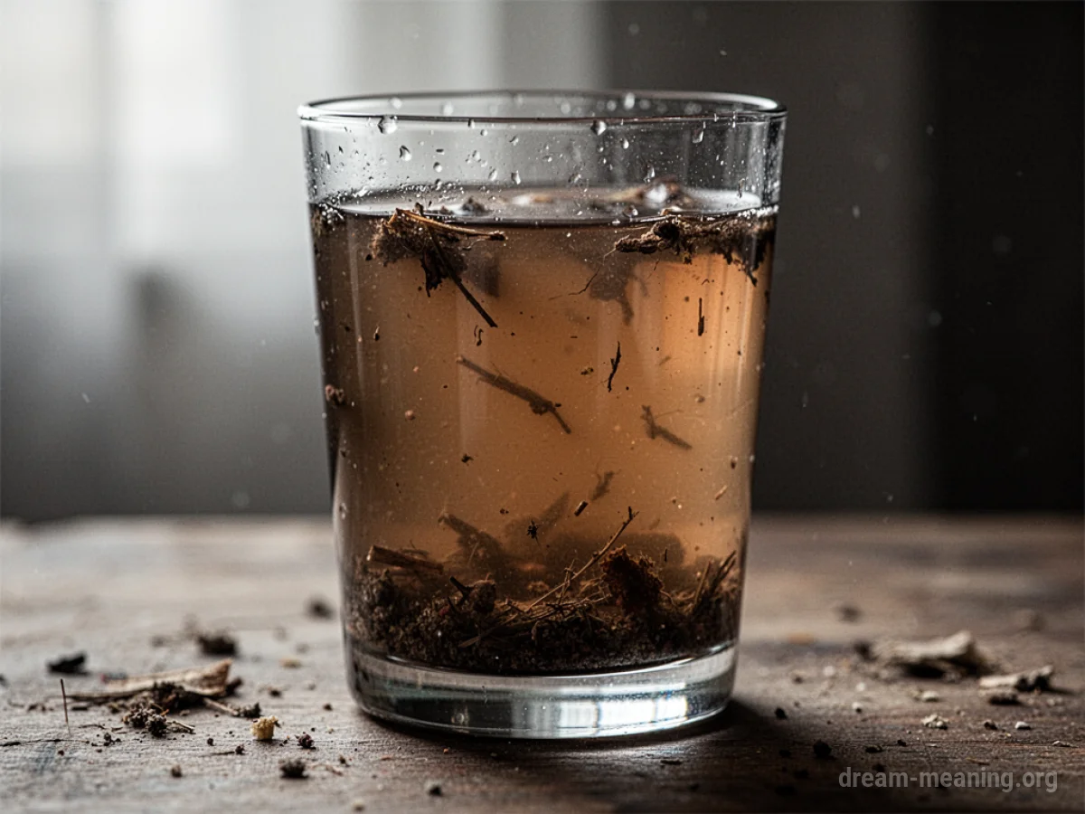 A glass filled with dark, cloudy water containing visible particles.