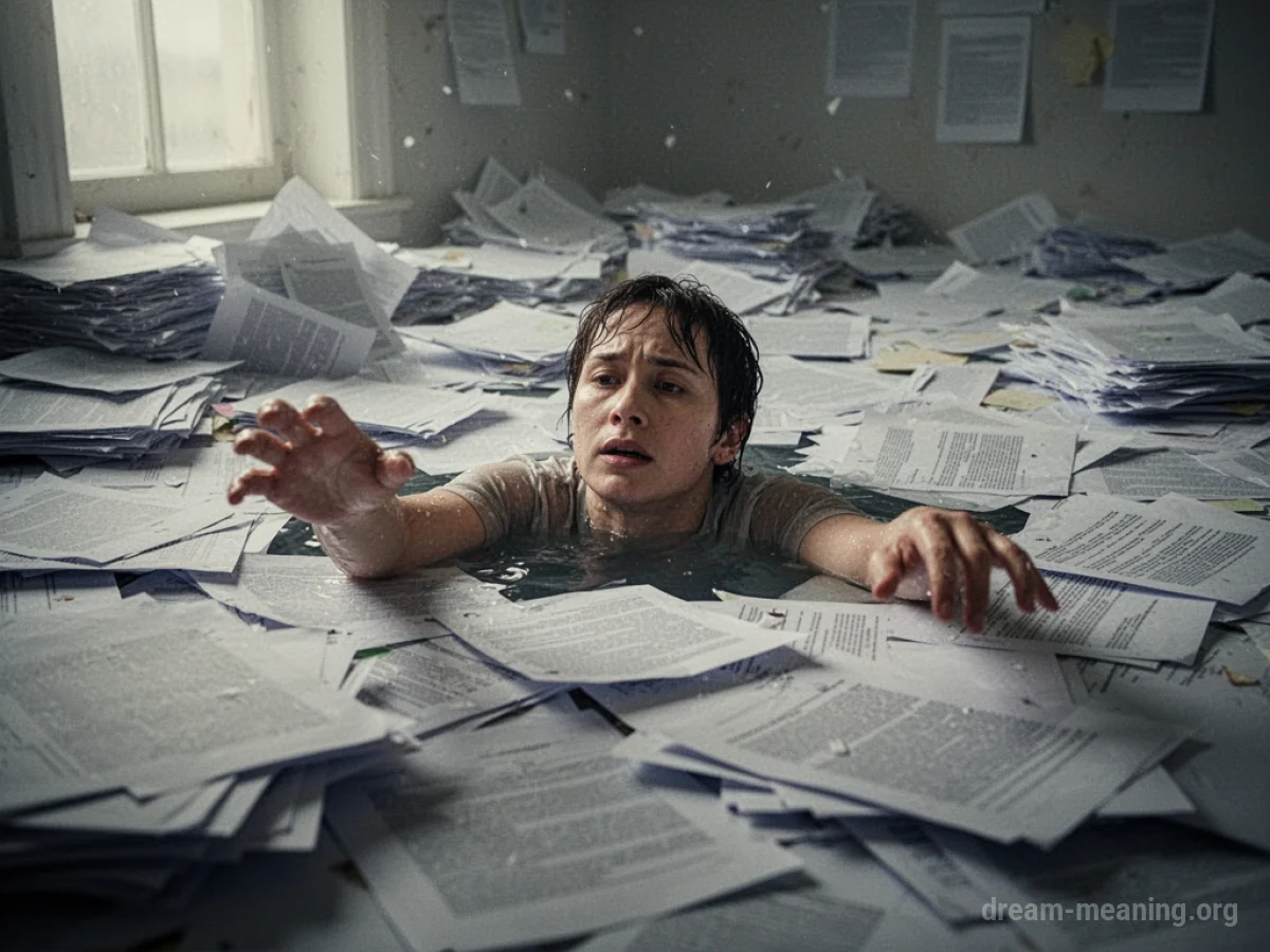 A person partially submerged in a vast pile of white and manila documents.