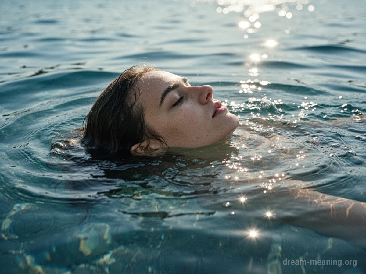 A person's head is just below the surface of a swimming pool.