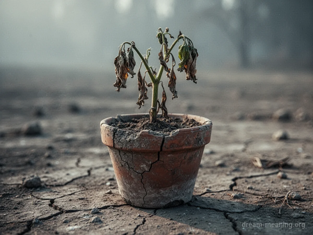 A single wilted plant in a dry pot.