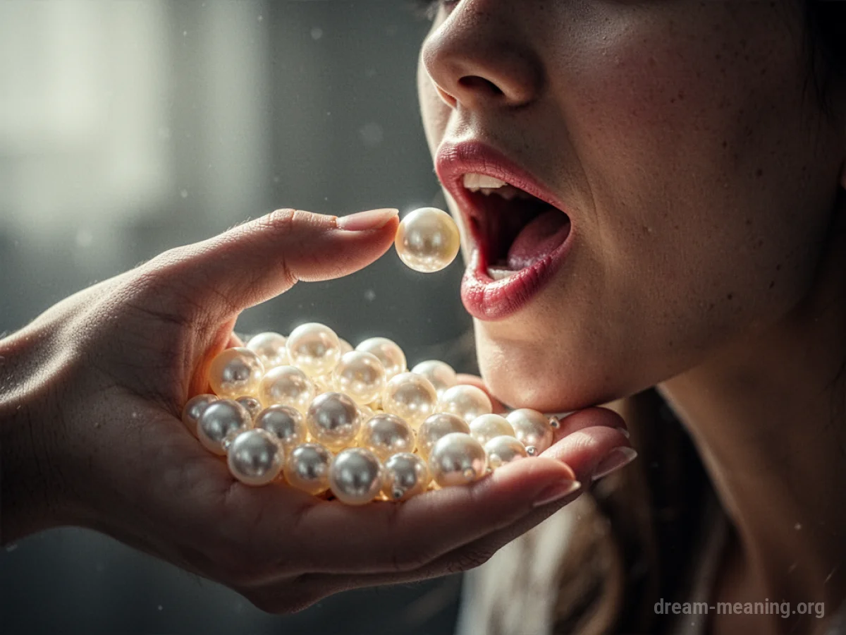 A hand offers pearls to an open mouth.