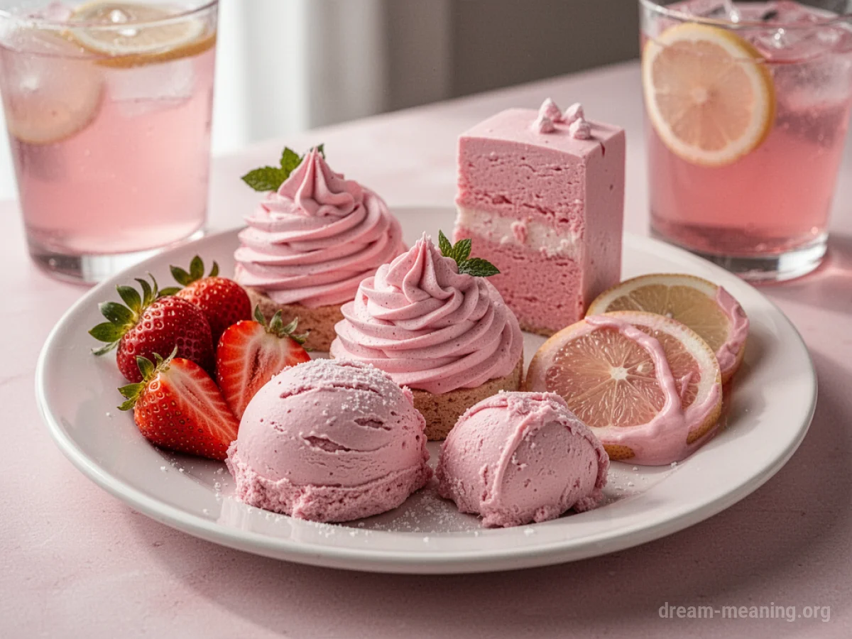 A collection of pink-colored food items on a white plate.