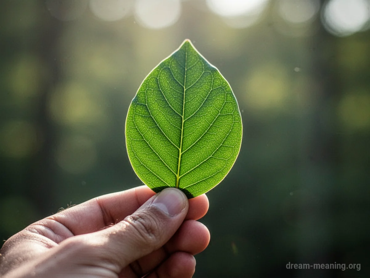 A hand holding a fresh green leaf.