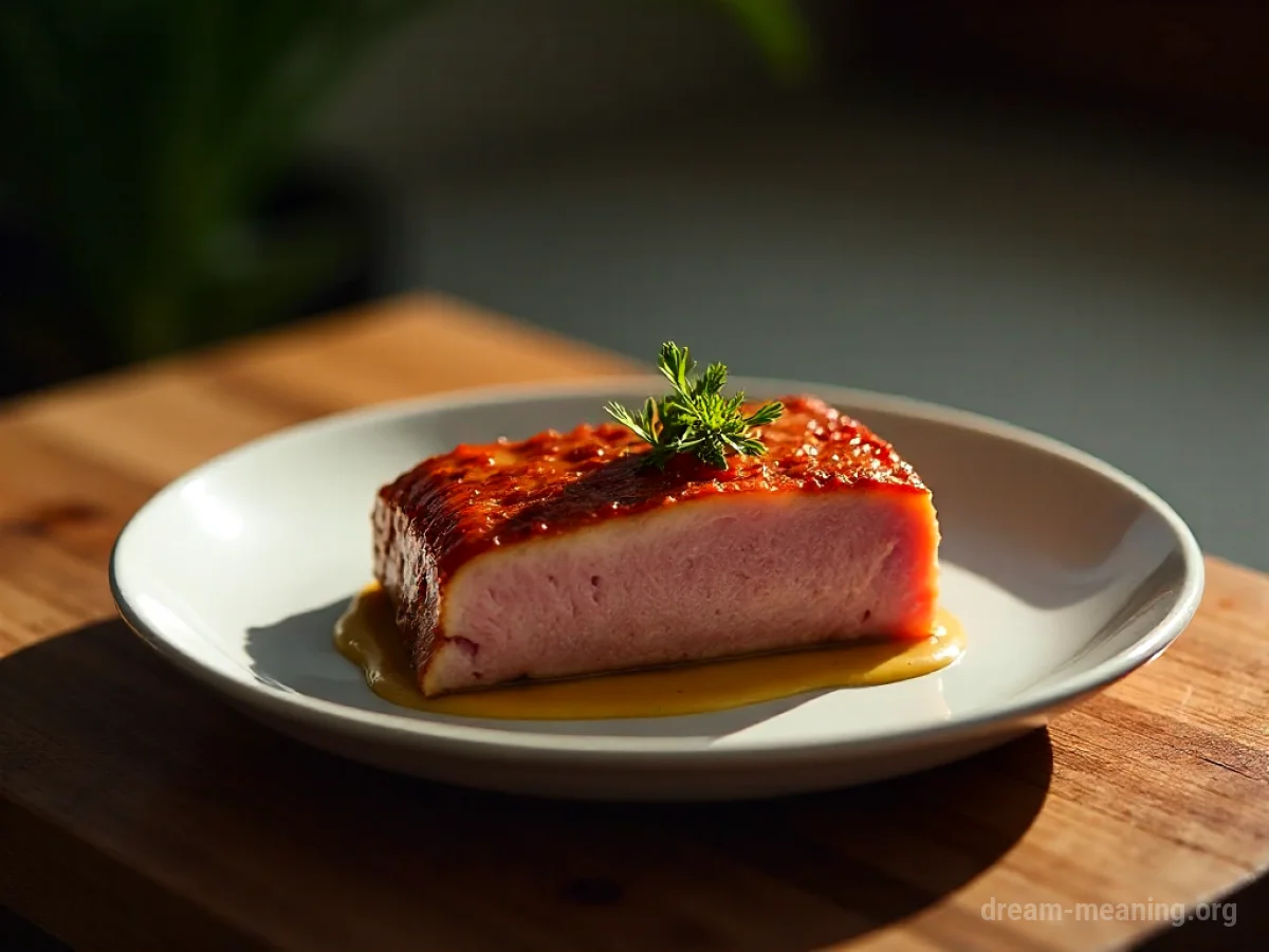 A cooked piece of pork on a plate.
