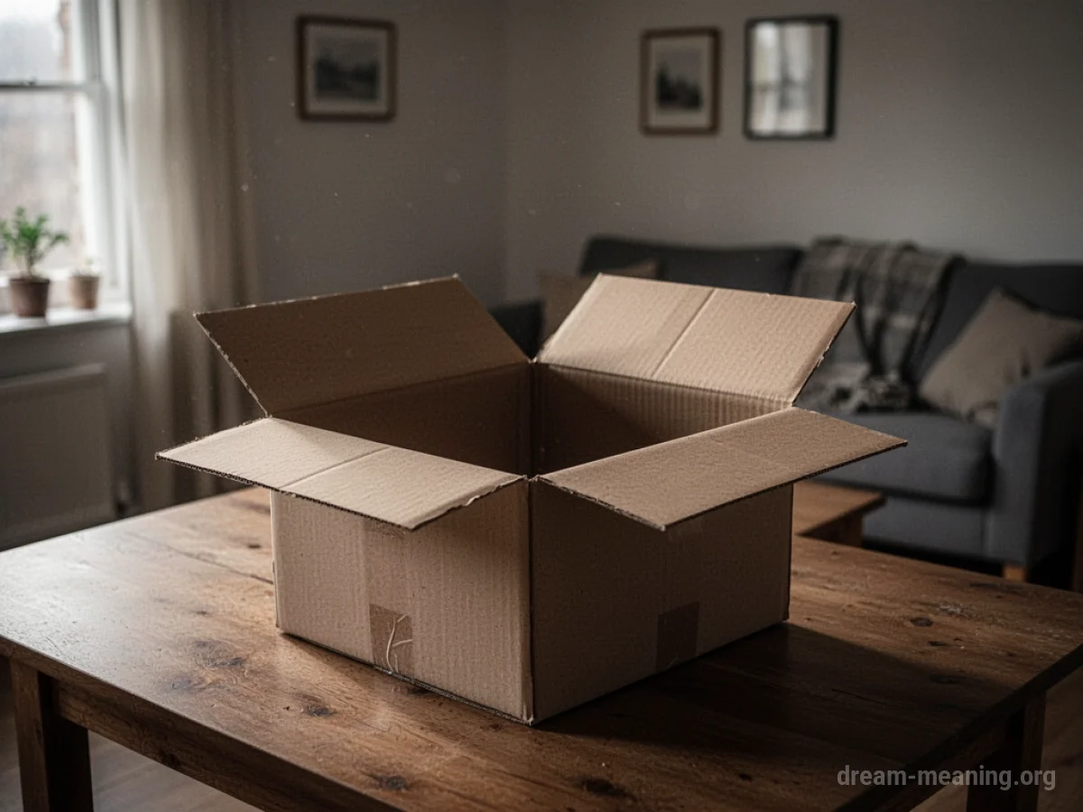 An open, empty cardboard box on a wooden table.