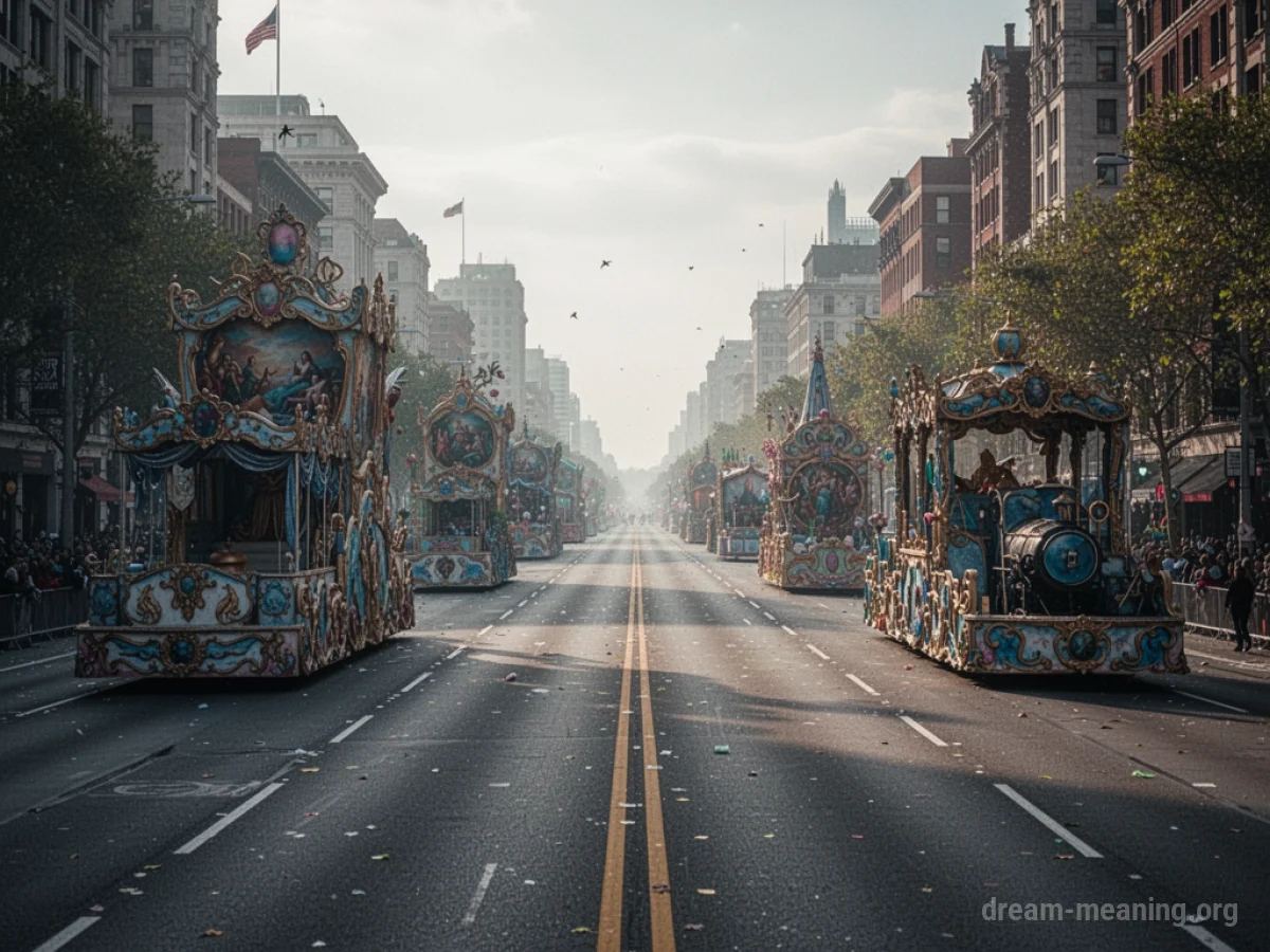 An empty street lined with deserted parade floats.