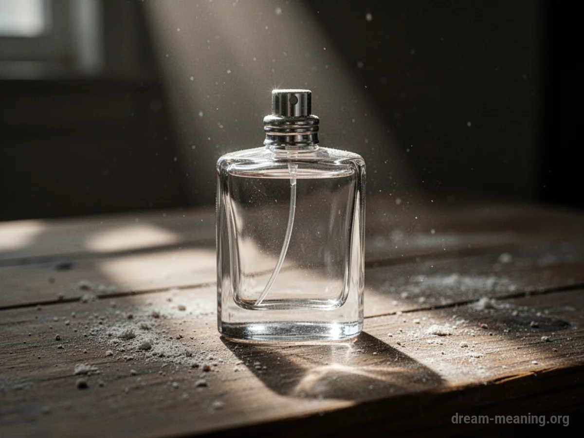 An empty glass perfume bottle on a wooden surface.