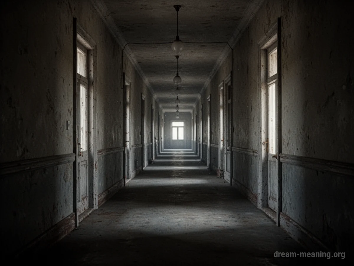 A long, empty corridor stretching towards a distant light.