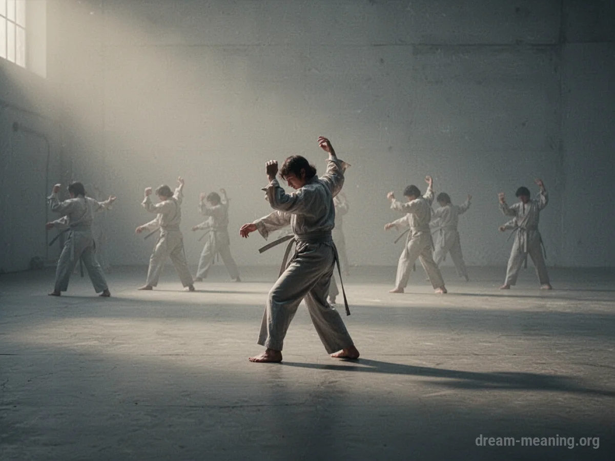 Silhouette of a person practicing a repetitive motion in a large, empty void with faint ghostly outlines of the same person.