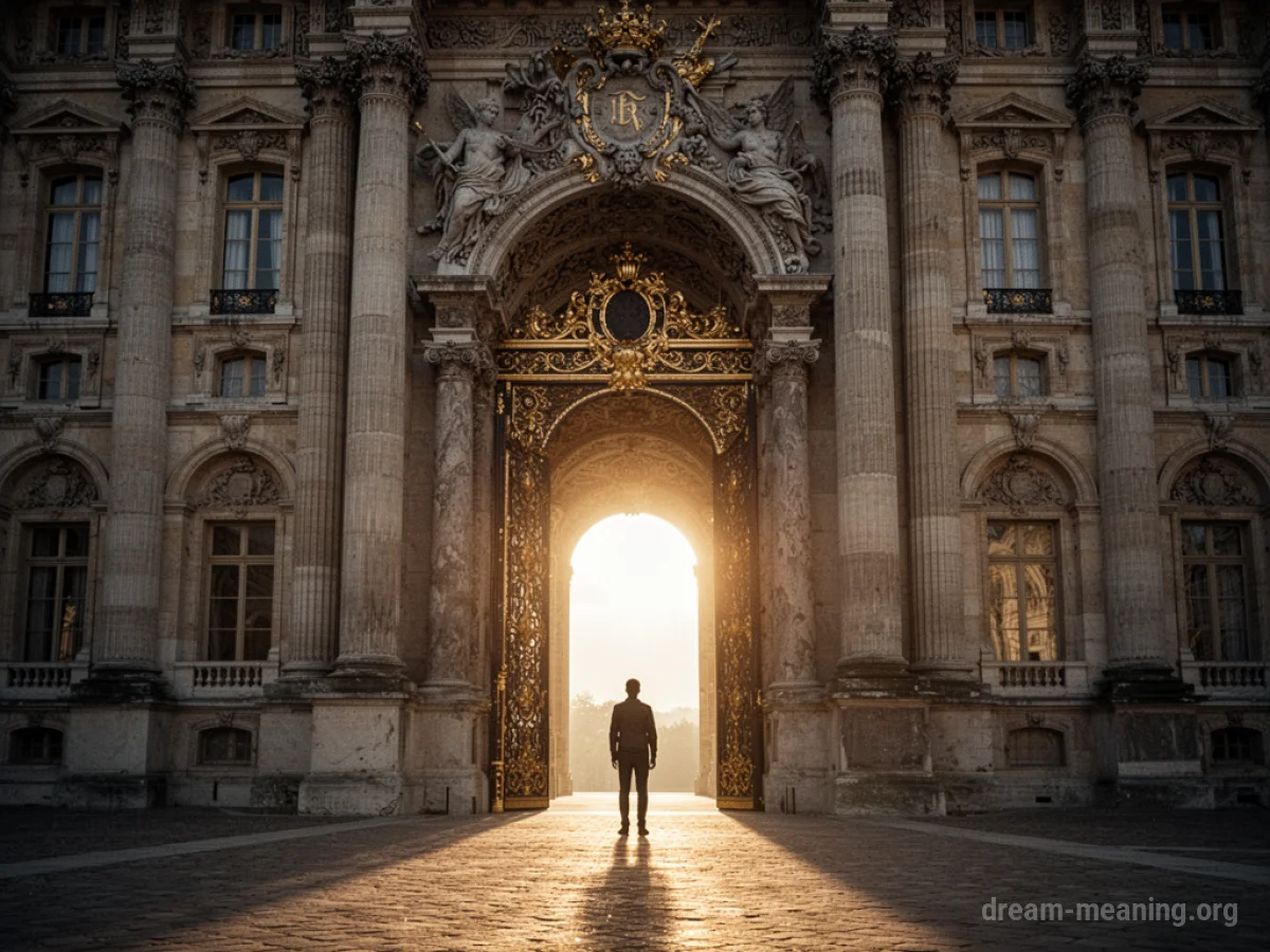 Silhouette of a person standing before the large, ornate entrance of a palace.