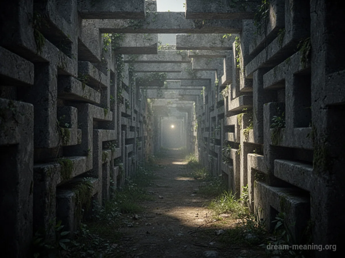 A dimly lit maze with a faint light at the far end.