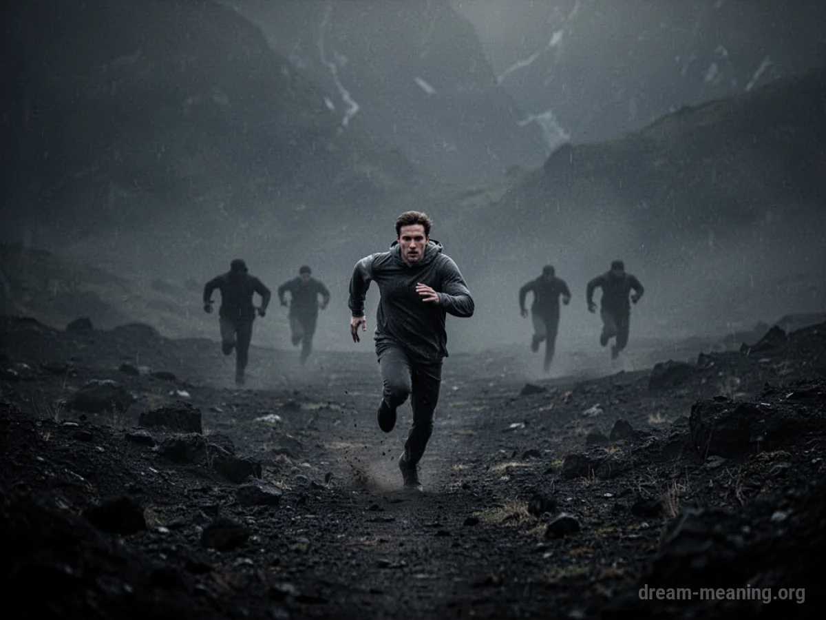 A silhouette of a person running away from indistinct, shadowy figures.