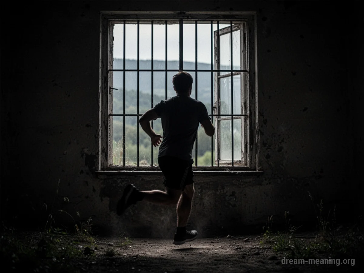 Silhouette of a person running away from a barred window.