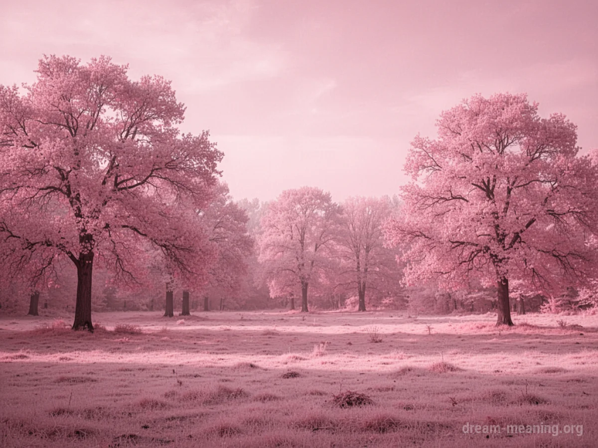 A landscape where everything is colored pink.