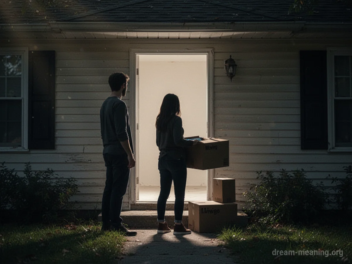 Silhouette of a person with a box outside a house.