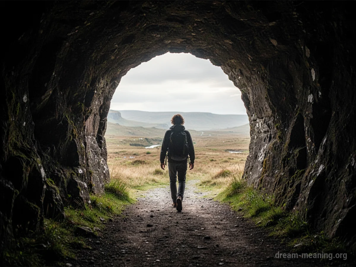 Silhouette of a person stepping from a dark tunnel into bright sunlight.