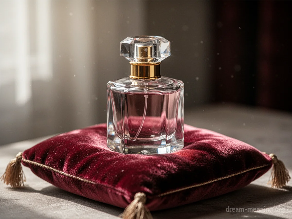 A clear crystal perfume bottle with a gold cap resting on dark red velvet.