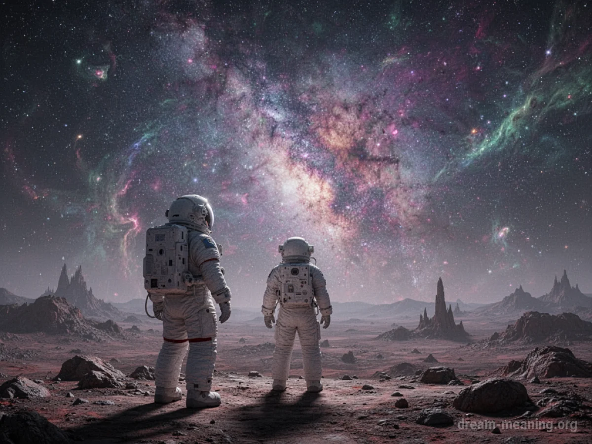Astronaut on an alien planet surface with a nebula in the sky.