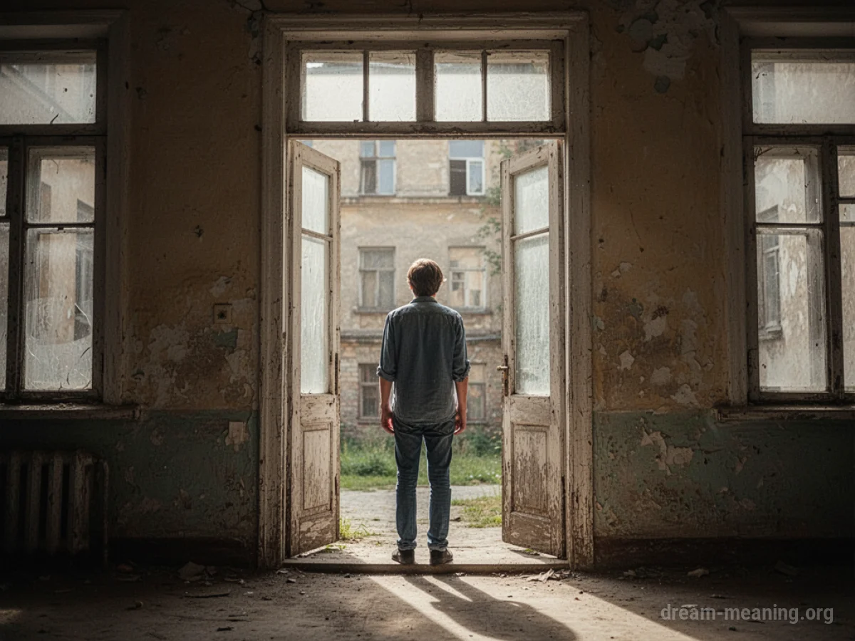 Person standing at the entrance of a bright, empty building.
