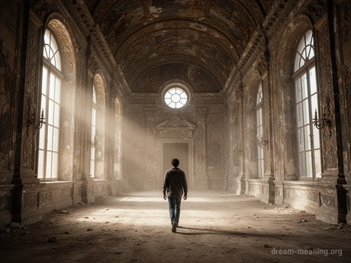 A figure stands in a large, decaying hall within an old palace.