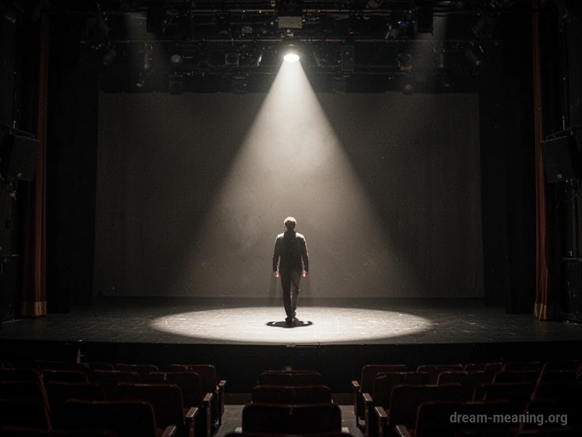 A solitary silhouette exits a dimly lit stage.