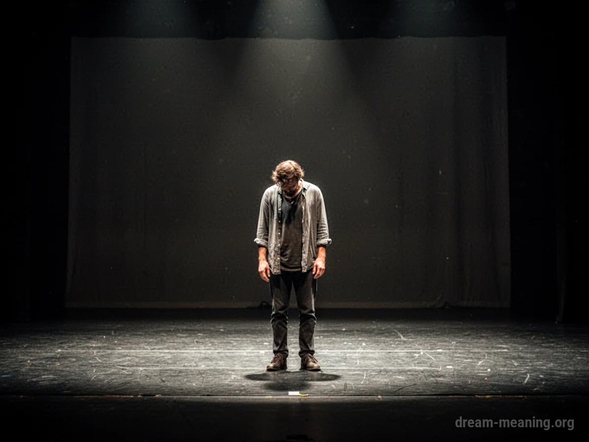 A lone figure stands on a dark, empty stage.