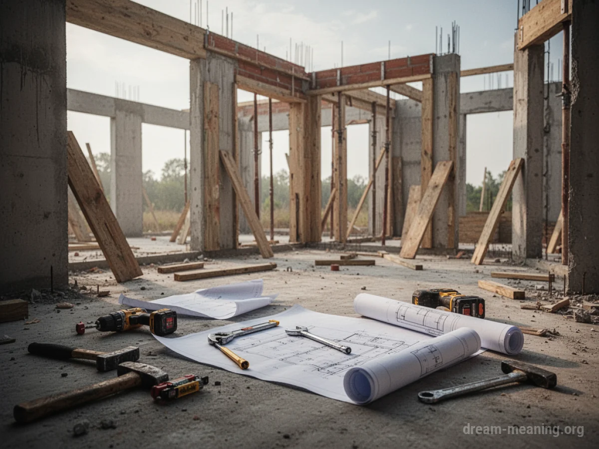 Scattered blueprints and unfinished construction elements.