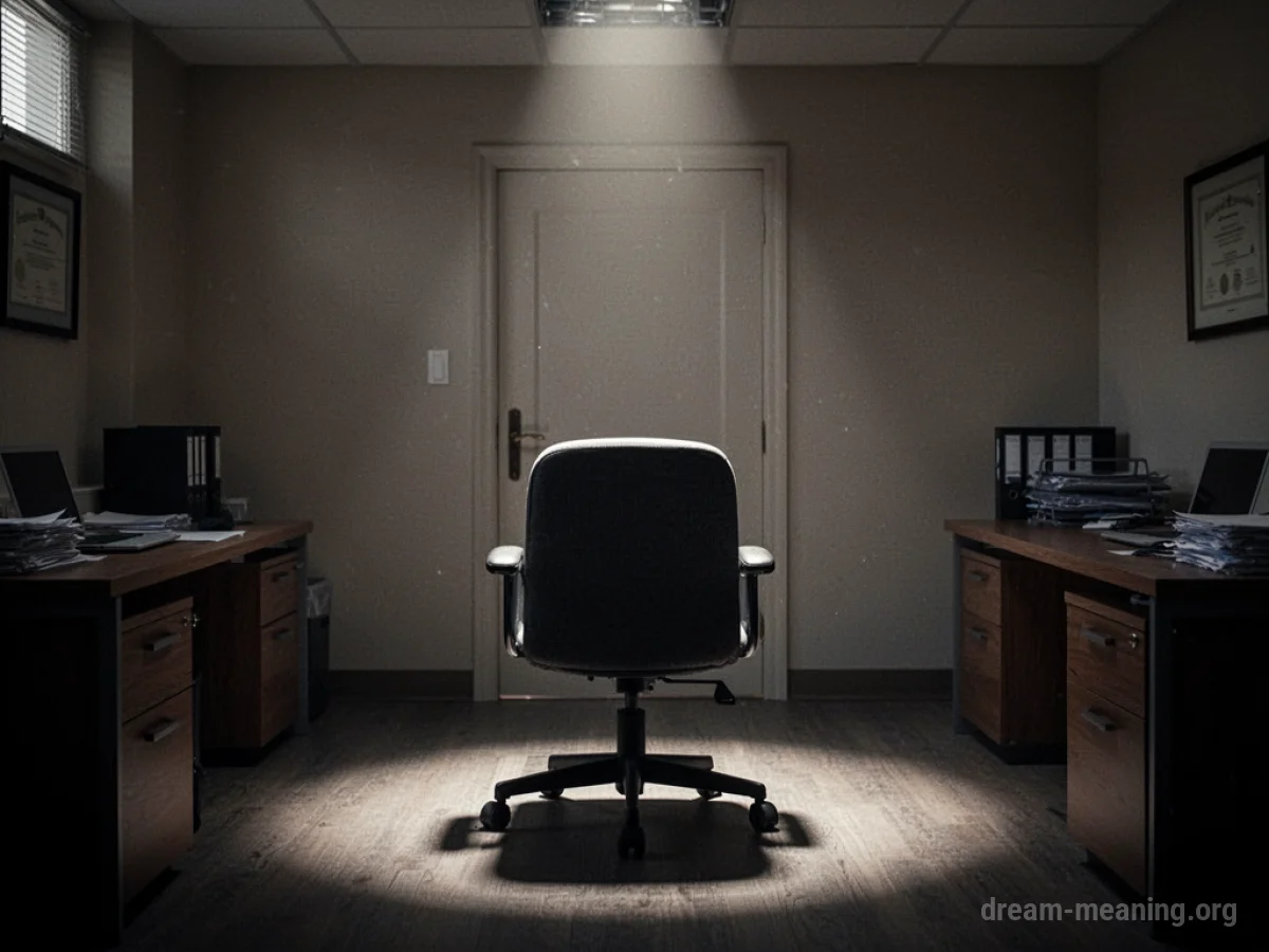 An empty chair in a spotlight in a dark room.