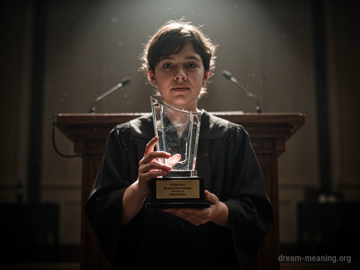 A person holding a hollow award in front of a podium.