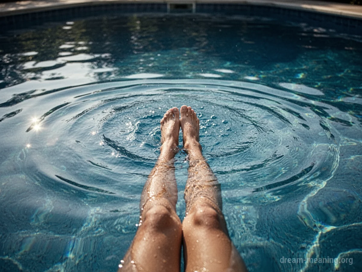 Legs sinking into blue pool water with visible ripples.