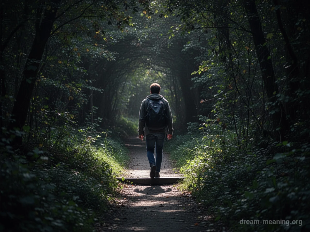 A person stepping off a clear path into shadowy woods.