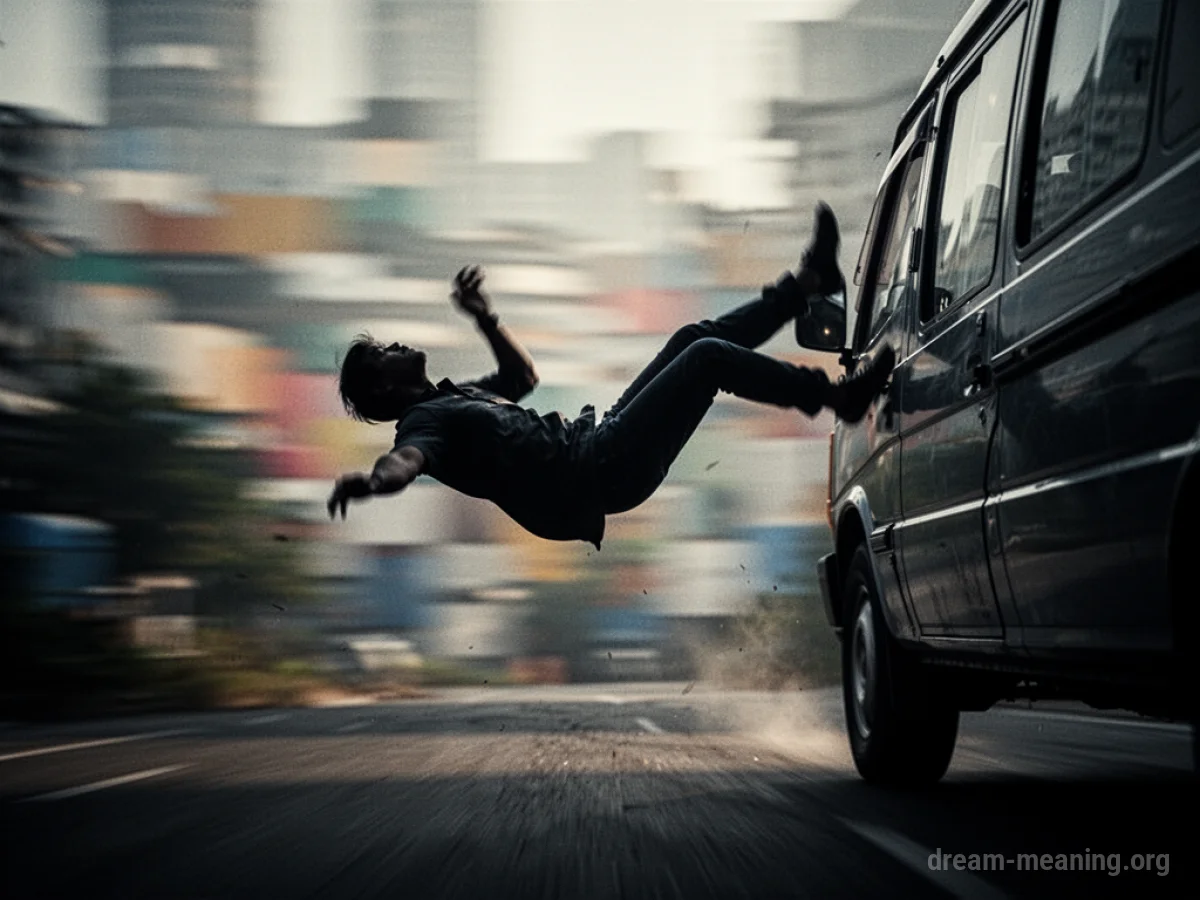 Silhouette of a person falling from a moving vehicle.
