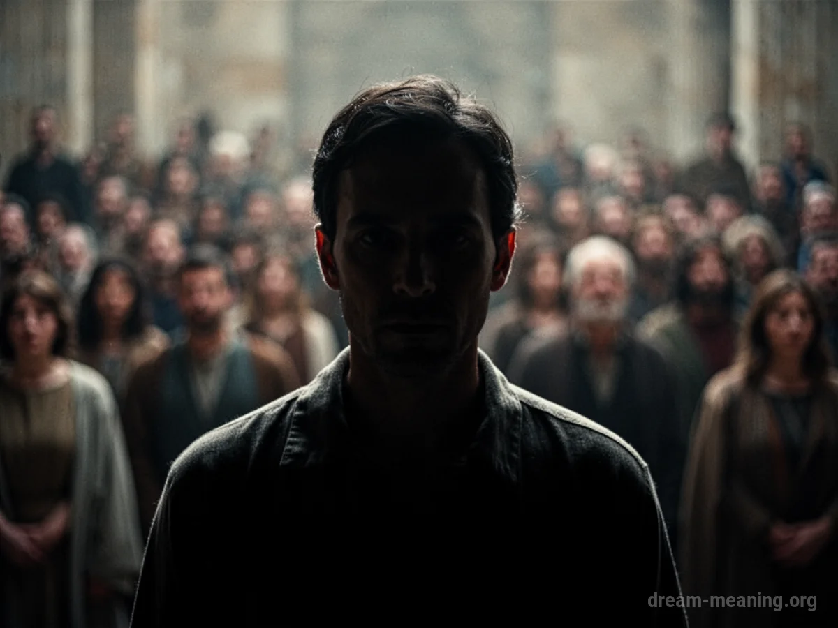 A shadowy figure stands before a crowd with their face obscured.