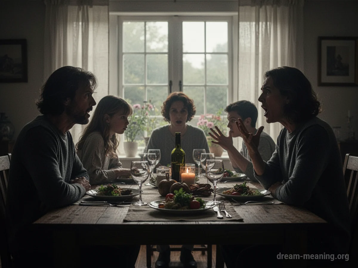 Silhouettes of a family arguing around a table.