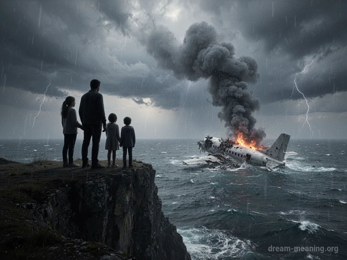 Silhouette of a family on a cliff edge looking at distant plane wreckage.
