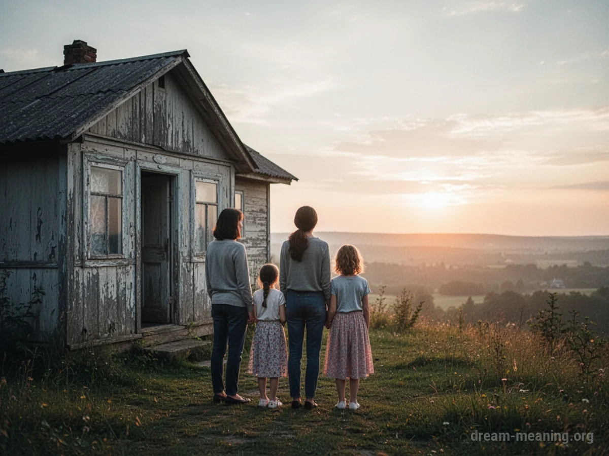 A family looking from a weathered house towards a brighter horizon.