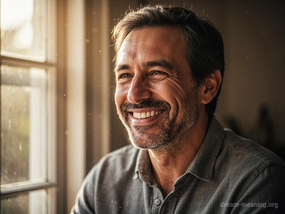 A father smiling with light on his face.