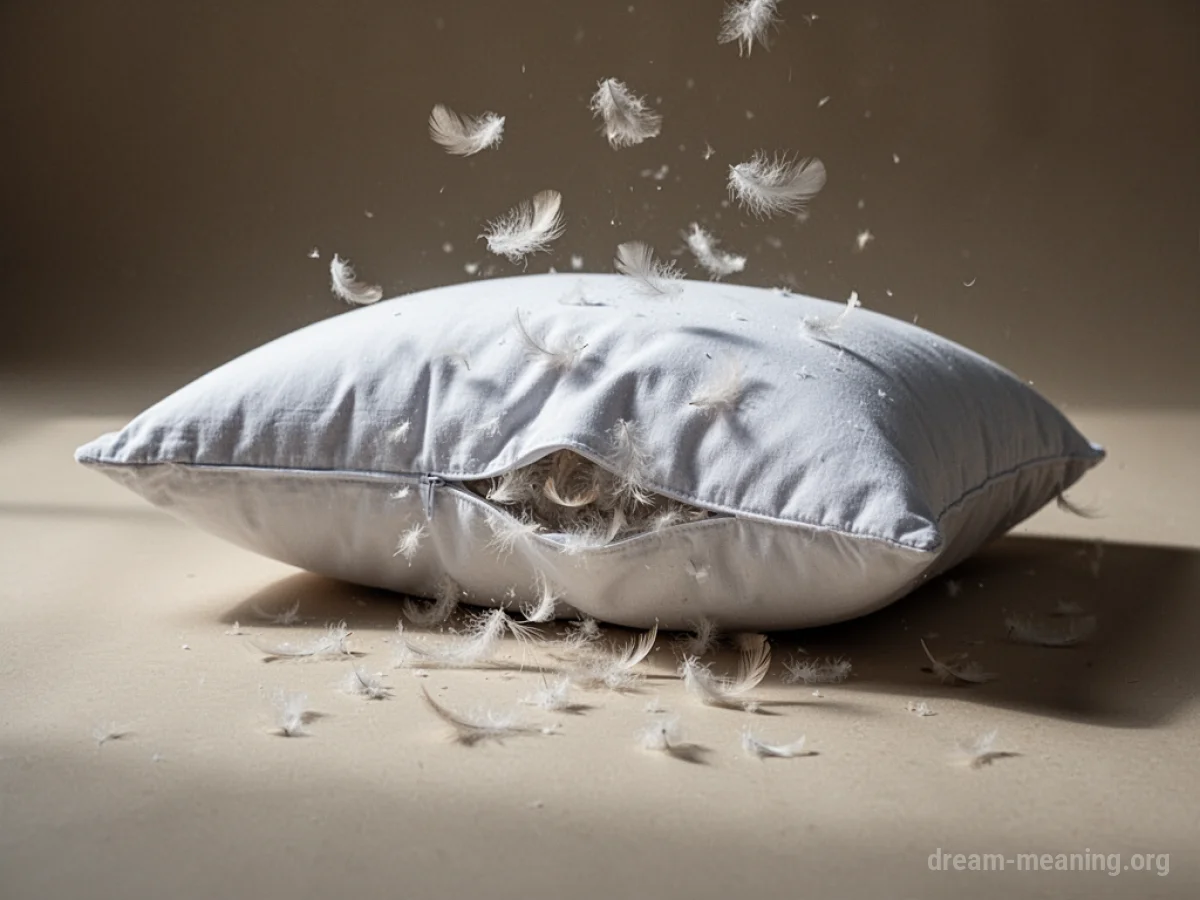 White pillow with loose feathers drifting away.