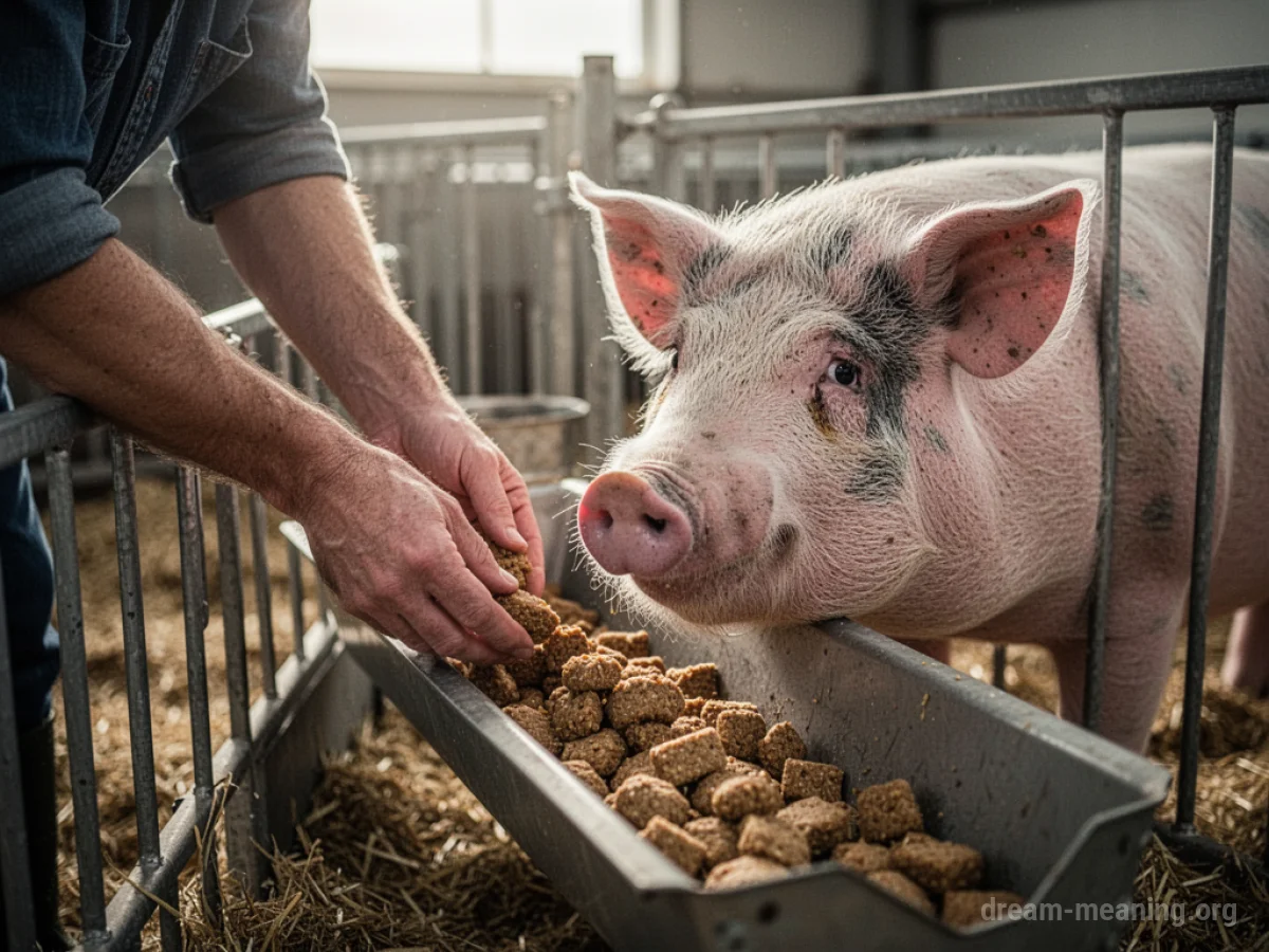 Hands offering food to a pig in a pen.