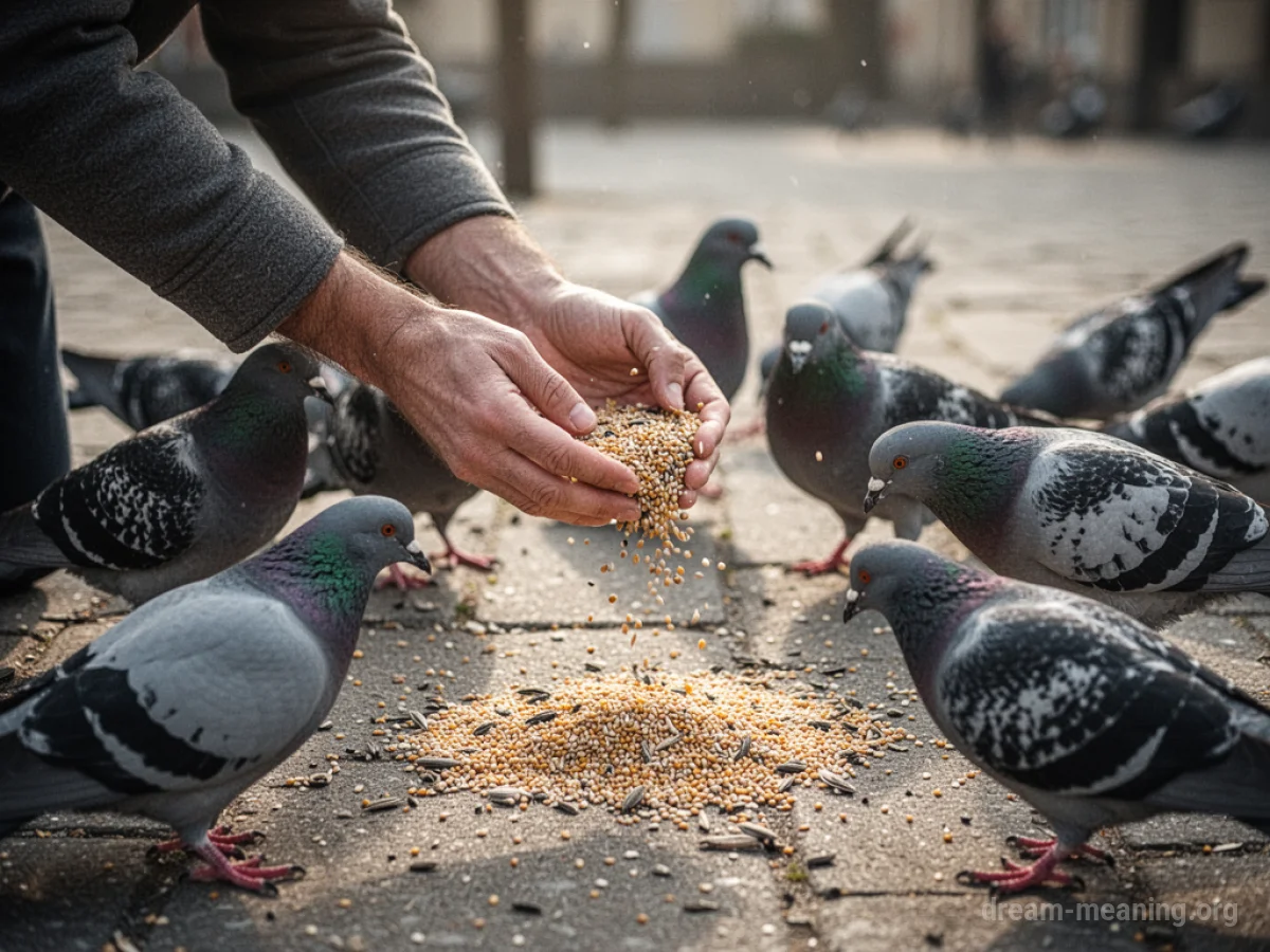 Hands scattering birdseed on the ground for pigeons.