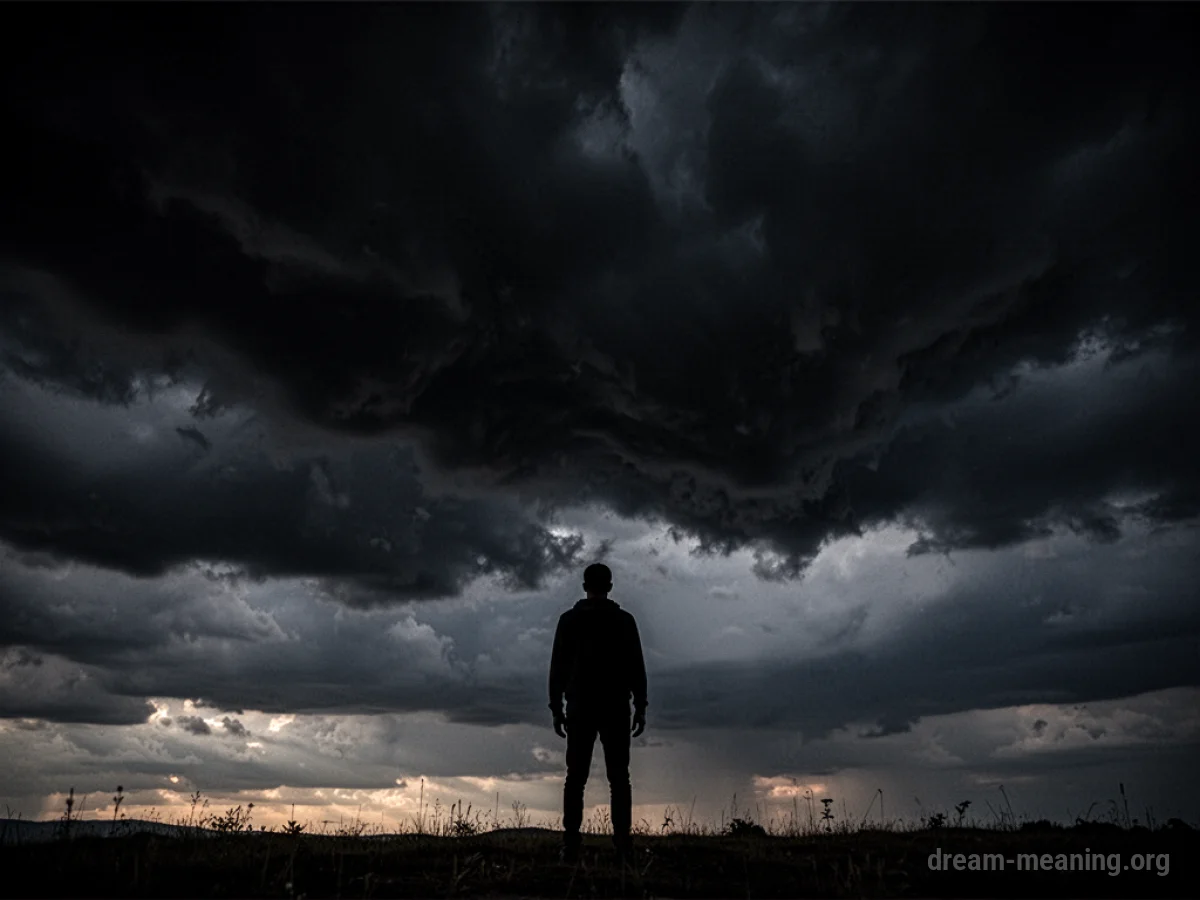 Silhouette of a person dwarfed by descending dark, shadowy forms in a nighttime sky.