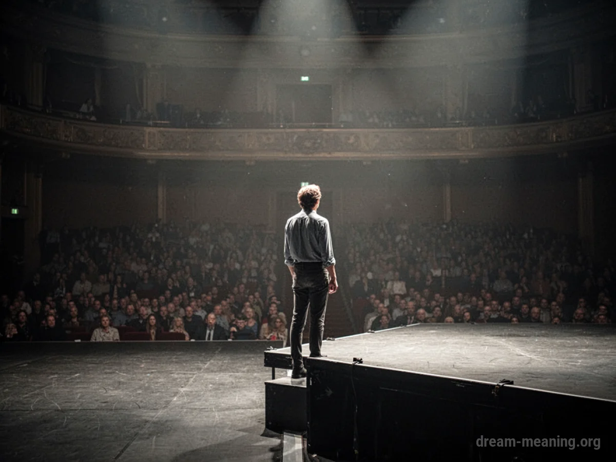 A lone person standing on the edge of a dark stage.