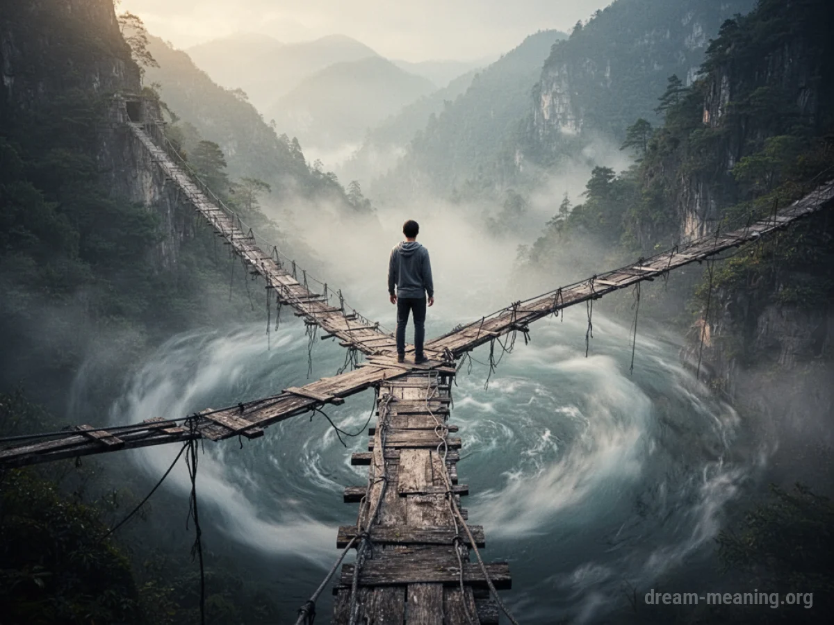 A person on a precarious bridge over foggy depths.